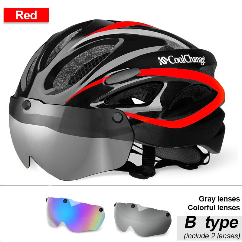 CoolChange Cycling Helmet Integrally-molded Ultralight MTB Bike Helmet With Glasses Insect Net Bicycle Casco Ciclismo 57-62 CM