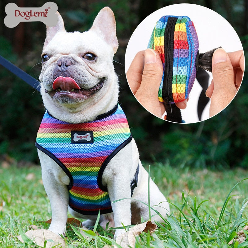 Dog Harness Leash Set with Poop Bag Soft Breathable Rainbow Mesh French Bulldog Vest Adjustable Jogging Pet Leash Harness SP