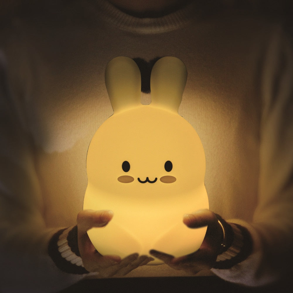 Rabbit LED Night Light Touch Sensor Remote Control 9 Colors Dimmable Timer Rechargeable Silicone Bunny Lamp for Kids Baby Gift.