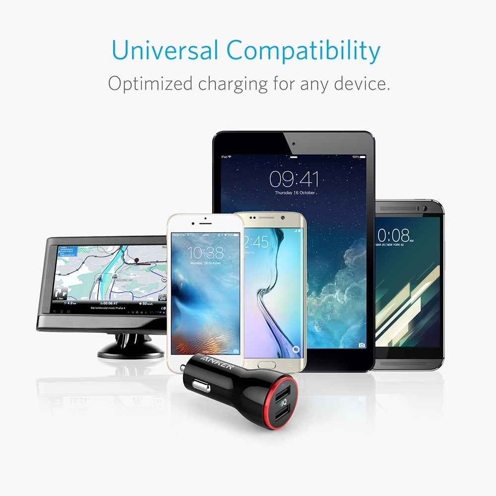 Anker 24W Dual USB Car Charger PowerDrive 2 for iPhone; Samsung Galaxy; LG G4 / G5; Google Nexus; iOS and Android Devices.