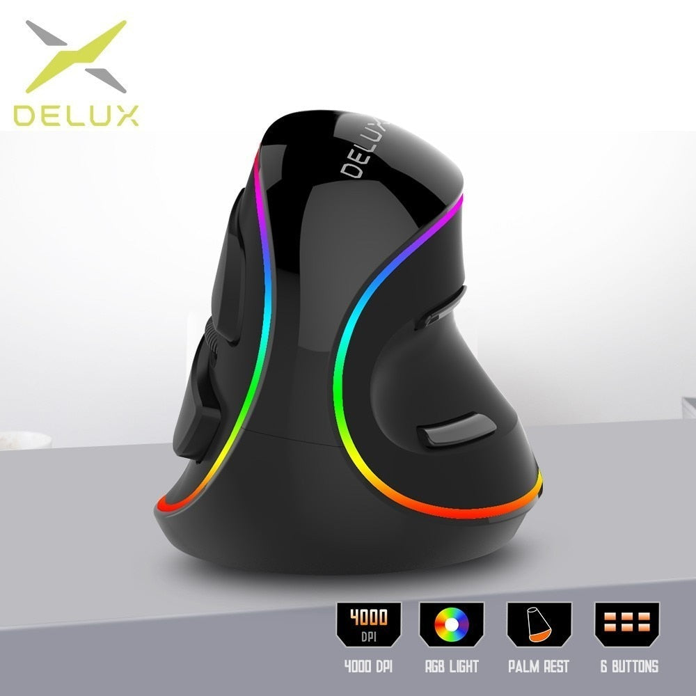 Delux M618Plus RGB Ergonomic Vertical Mouse 6 Buttons 4000 DPI Optical Computer Mouse With Removable Palm Rest For PC Laptop.