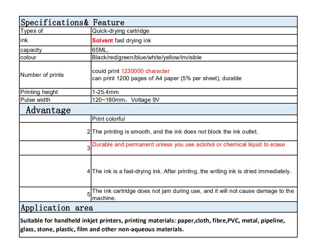 G1309S+ 25.4mm fast dry solvent ink cartridge for 25.4mm handheld hand jet inkjet  printer