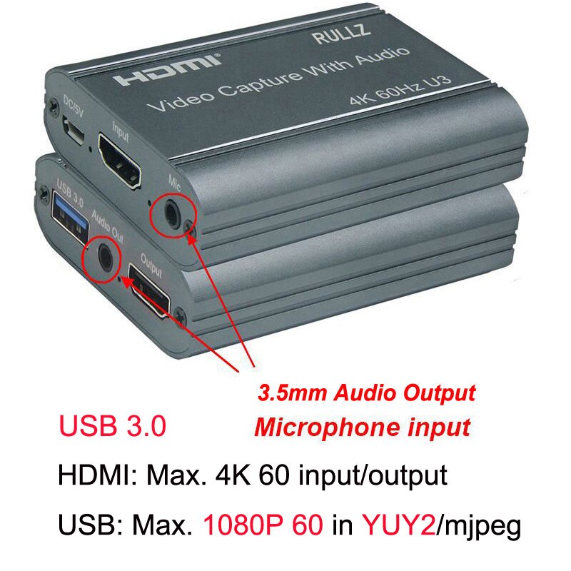 4K Graphics Capture Card HDMI To USB 2.0 3.0 Video Recording Box fr PS4 PC Phone Game Live Streaming Plate Camera Video Recorder.