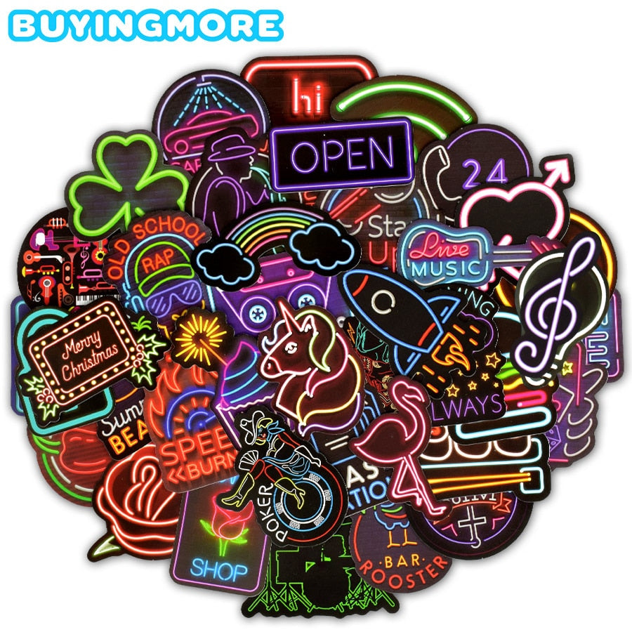 50 PCS Neon Light Sticker Gifts Toys for Children Anime Animal Cute Decals Stickers to Laptop Phone Suitcase Guitar Fridge Car.
