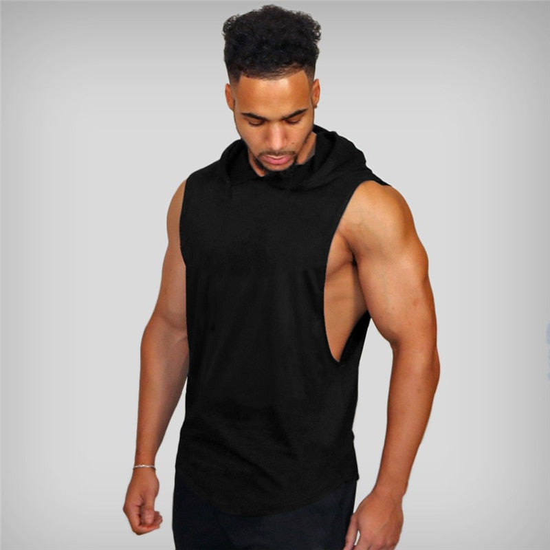 Plain Bodybuilding Stringer Tank Tops Men Workout Hooded Shirt Fitness Tank Top Men Gym Clothing Cotton Vest Hoodies