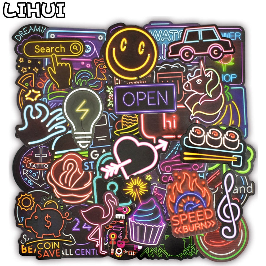 50 PCS Neon Stickers Gift Toys for Children Anime Cute Sticker to Laptop Skateboard Phone Guitar Suitcase Fridge Bike Car Decals.