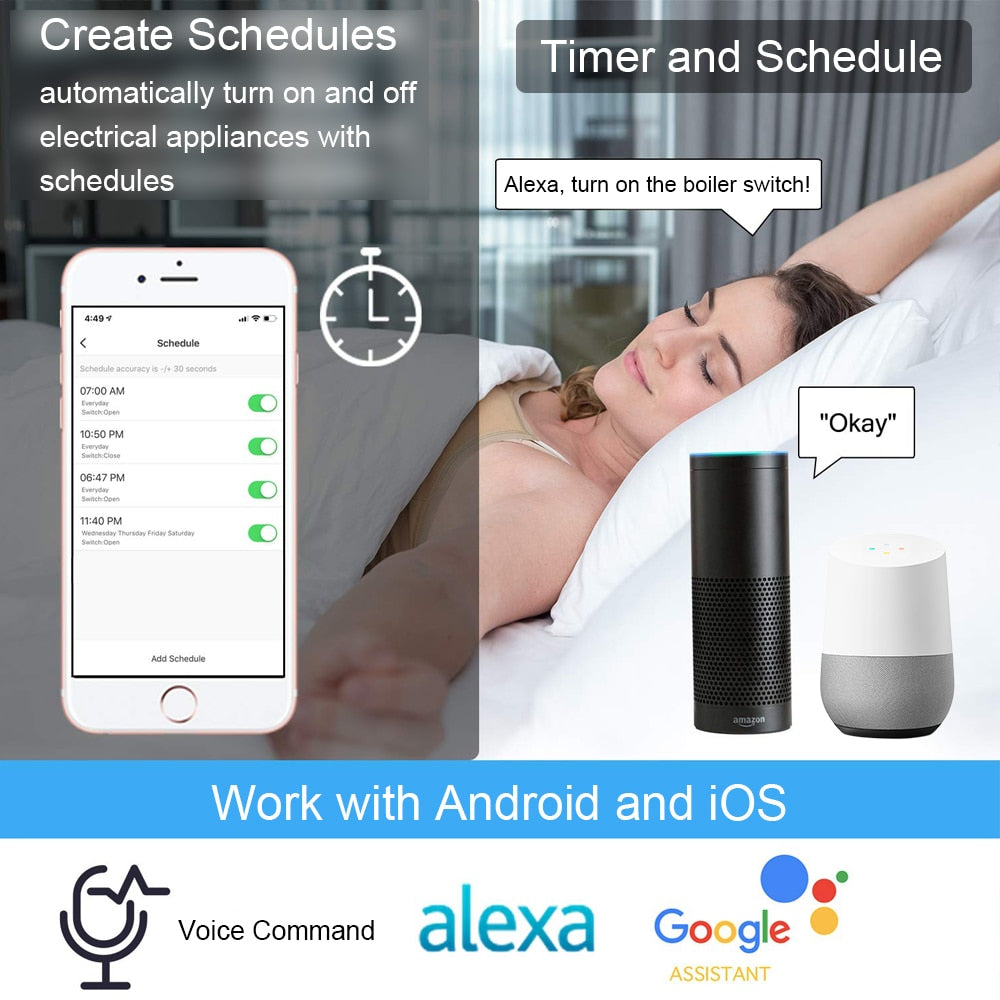 Tuya Smart Life WiFi Boiler Water Heater Switch Black 4400W App Remote Control Timer Voice Control Google Home Alexa Echo Dot.