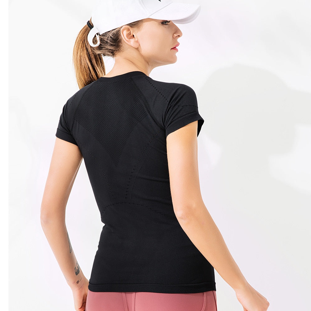 New Women Workout Shirts Yoga Tops Activewear Round-Neck T-Shirts Running Fitness Sports Short Sleeve Tees Loose Top Tshirt