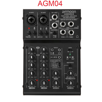 ammoon Digital Audio Mixer professional Mixing Console Mini 4-Channel 2-band EQ Built-in 48V Phantom Power 5V USB Powered mixer