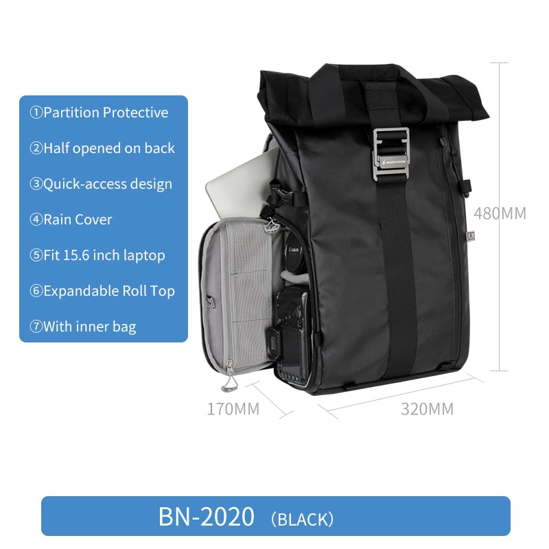 Besnfoto BN-2020 DSLR Backpack Rolltop Laptop Compartment Quick Side Access Waterproof Camera Bag For Hiking Traveling