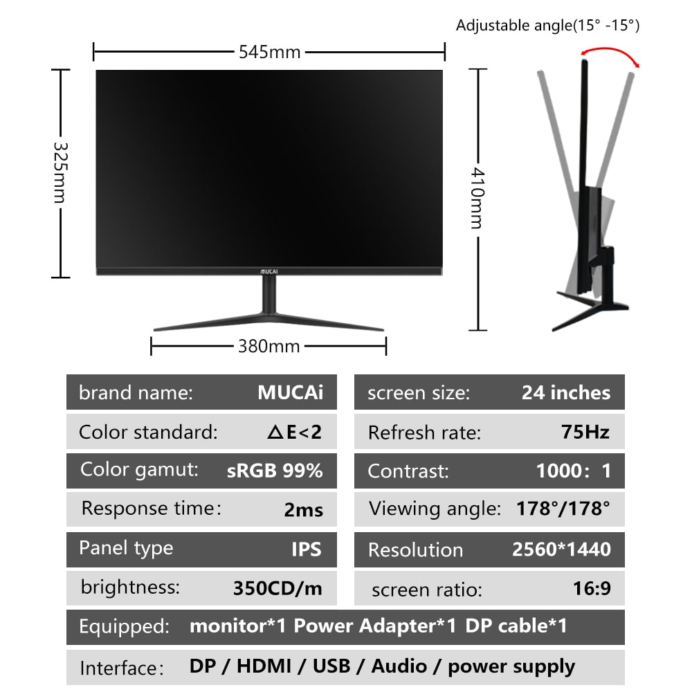 MUCAI 24/27 Inch 2K Monitor 75Hz Desktop PC Lcd QHD Display Gaming Flat Panel Screen Computer LED 2560*1440 HDMI/DP.