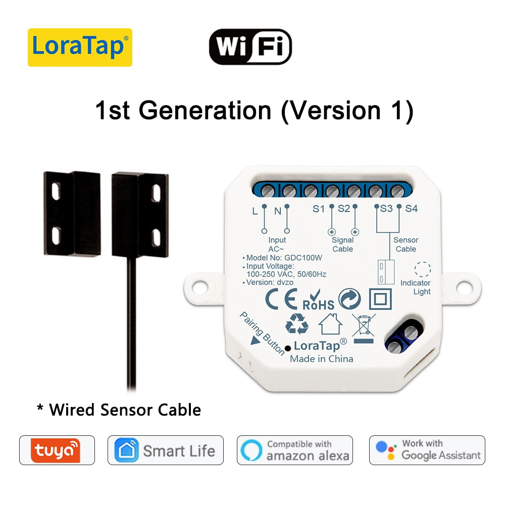 LoraTap Tuya Smart Life Garage Door Sensor Opener Controller WiFi Switch Alexa Echo Google Home DIY Smart Home App Alert No Hub.