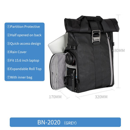 Besnfoto BN-2020 DSLR Backpack Rolltop Laptop Compartment Quick Side Access Waterproof Camera Bag For Hiking Traveling