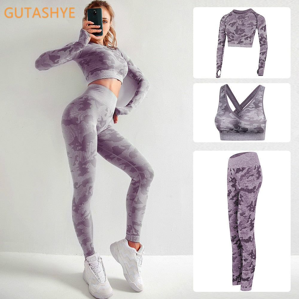 3PCS/Set Camouflage Yoga Set Women Seamless Fitness Yoga Bra Sports Bra High Waist GYM Camo leggings Pants Fitness Suits Workout