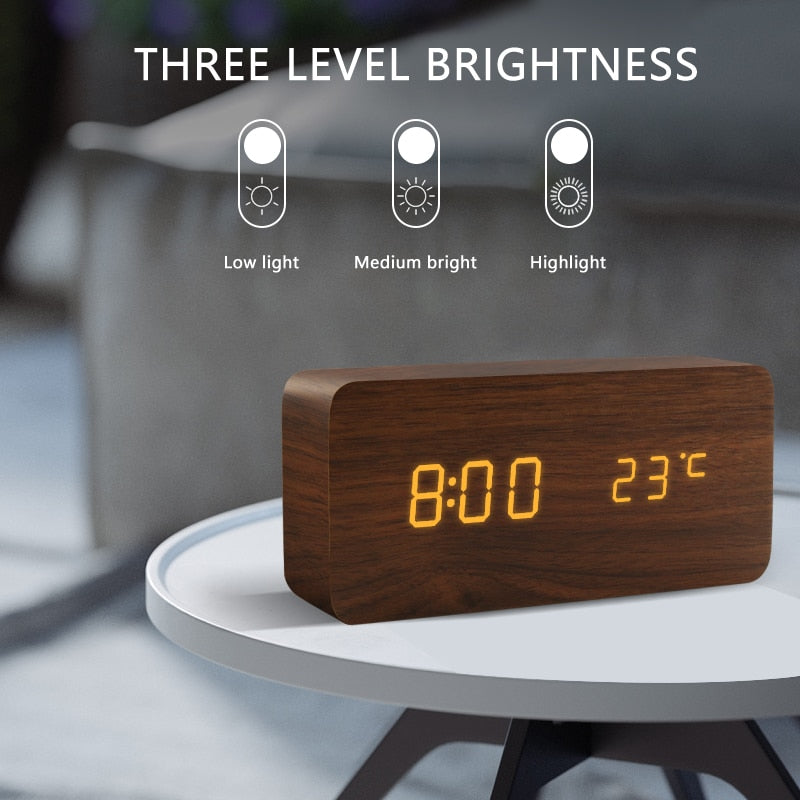 Alarm Clock LED Wooden Watch Table Voice Control Digital Wood Despertador USB/AAA Powered Electronic Desktop Clocks.