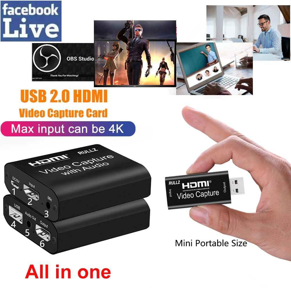 4K Graphics Capture Card HDMI To USB 2.0 3.0 Video Recording Box fr PS4 PC Phone Game Live Streaming Plate Camera Video Recorder.