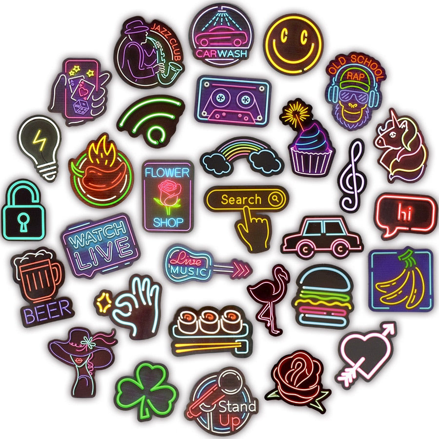 50 PCS Neon Stickers Gift Toys for Children Anime Cute Sticker to Laptop Skateboard Phone Guitar Suitcase Fridge Bike Car Decals.