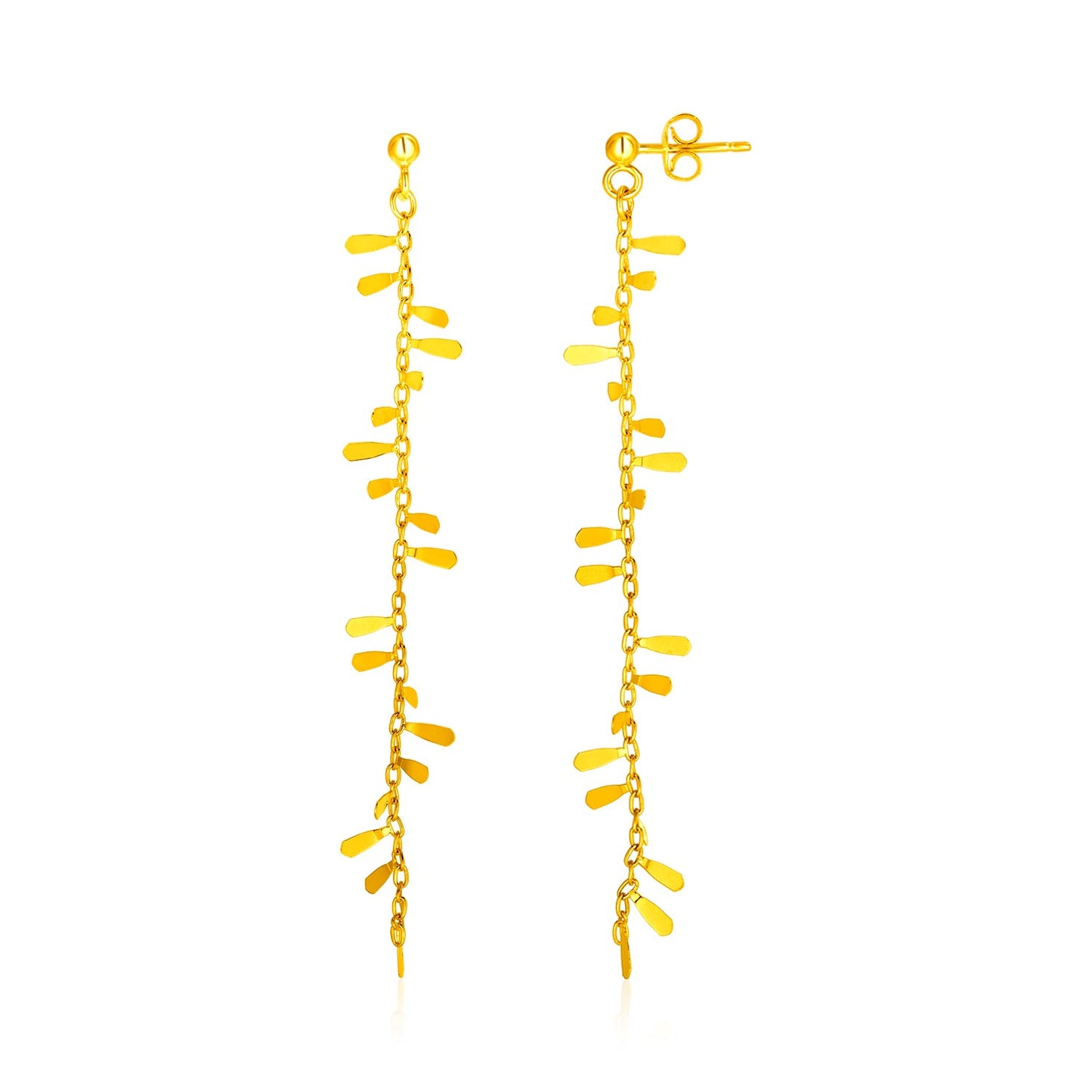 14k Yellow Gold Long Leaf Motif and Chain Post Earrings