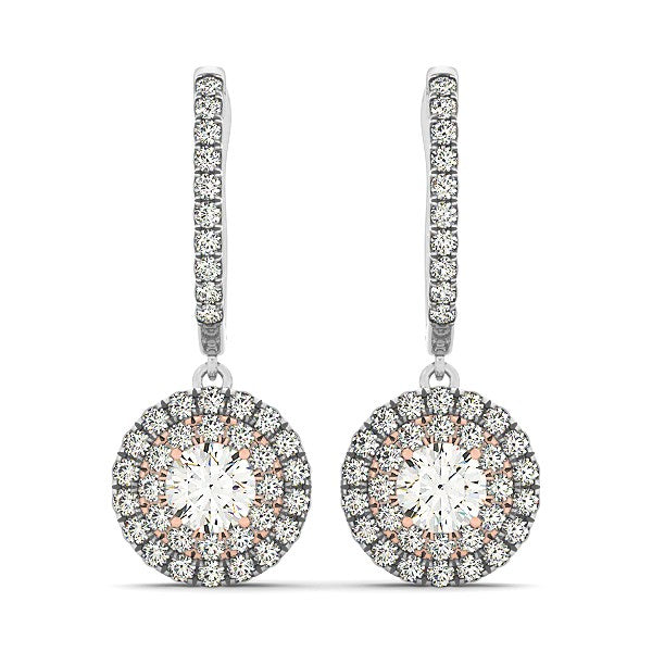 14k White And Rose Gold Drop Diamond Earrings with a Halo Design (3-4 cttw)