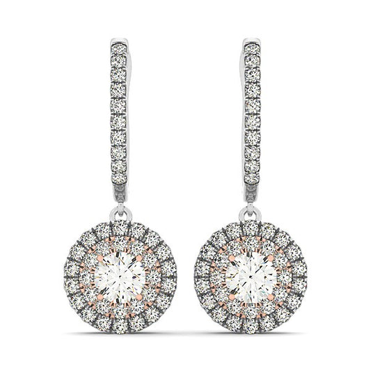14k White And Rose Gold Drop Diamond Earrings with a Halo Design (3-4 cttw)