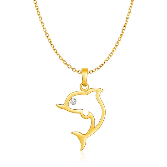 14k Yellow Gold Necklace with Gold and Diamond Open Dolphin Pendant