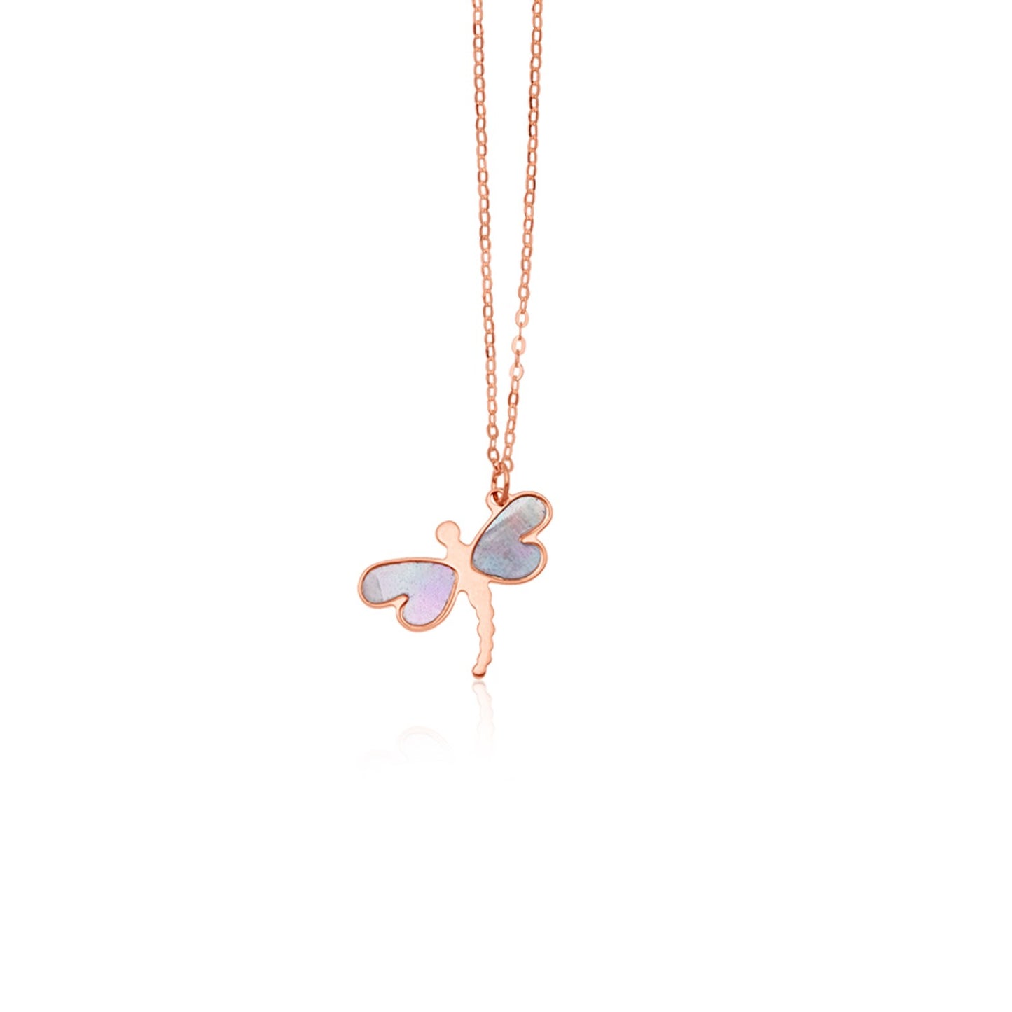 14k Rose Gold Dragonfly Necklace with White Mother of Pearl
