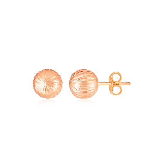 14K Rose Gold Ball Earrings with Linear Texture