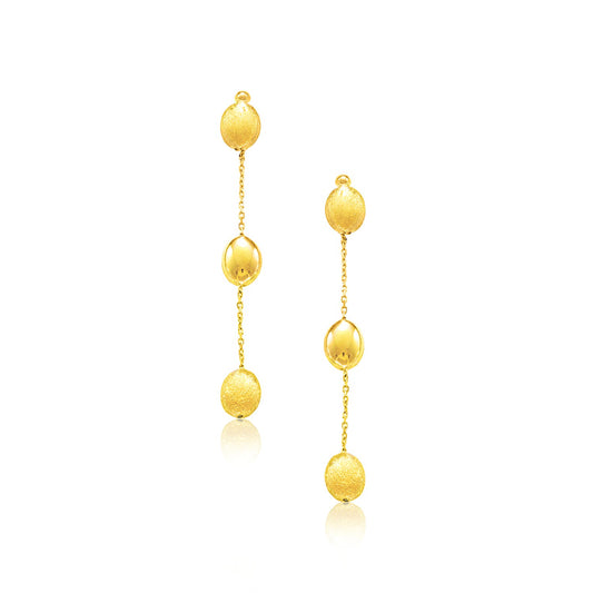 14k Yellow Gold Textured and Shiny Pebble Dangling Earrings