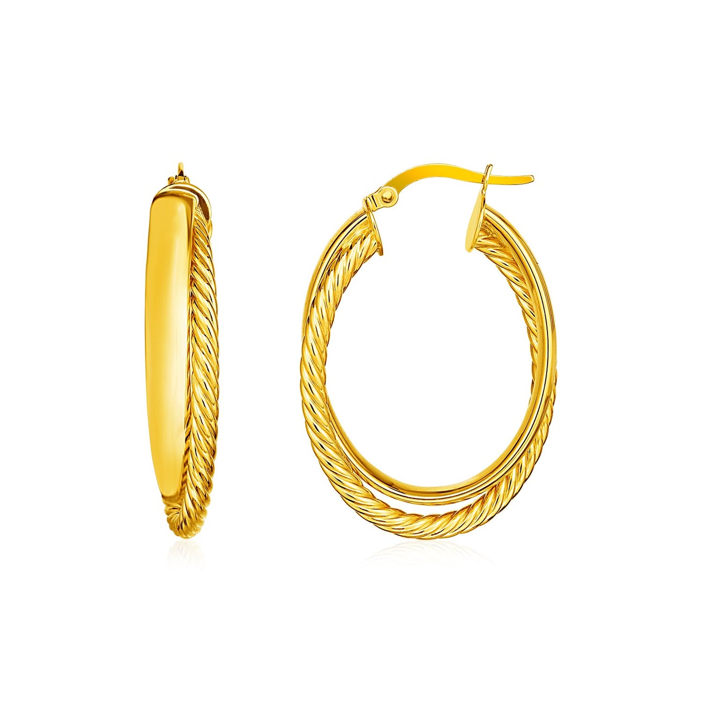 14k Yellow Gold Two Part Textured Twisted Oval Hoop Earrings