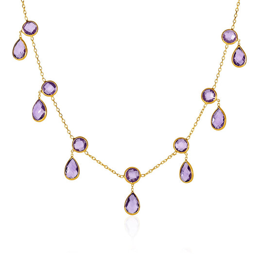 14k Yellow Gold Necklace with Round and Pear-Shaped Amethysts