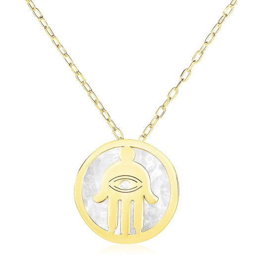 14k Yellow Gold Necklace with Hand of Hamsa Symbol in Mother of Pearl