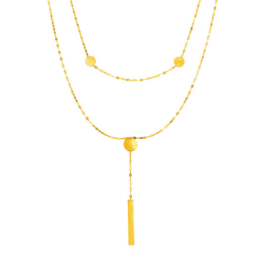 14k Yellow Gold Two Strand Necklace with Polished Circles and Bar Drop