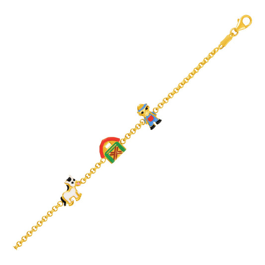 14k Yellow Gold Childrens Bracelet with Enameled Farm Figures