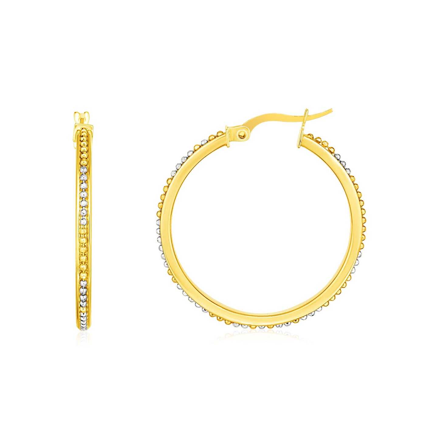 14k Two Tone Gold Round Hoop Earrings with Bead Texture