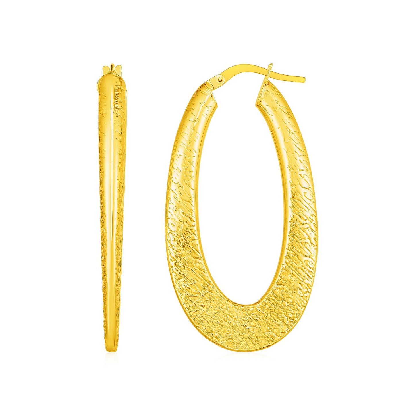14k Yellow Gold Textured Rounded Oval Hoop Earrings
