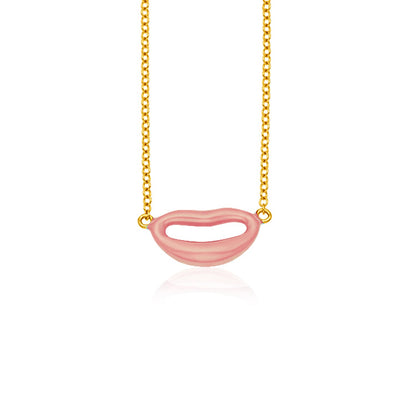 14k Yellow Gold with Enamel Rose Lips Necklace