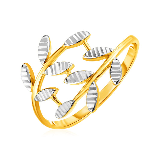 14k Two Tone Gold Crossover Ring with Textured Leaves