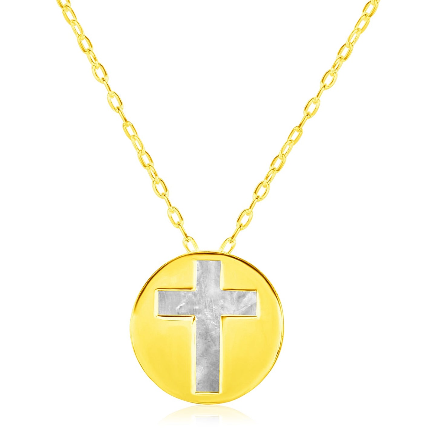 14k Yellow Gold Necklace with Cross Symbol in Mother of Pearl