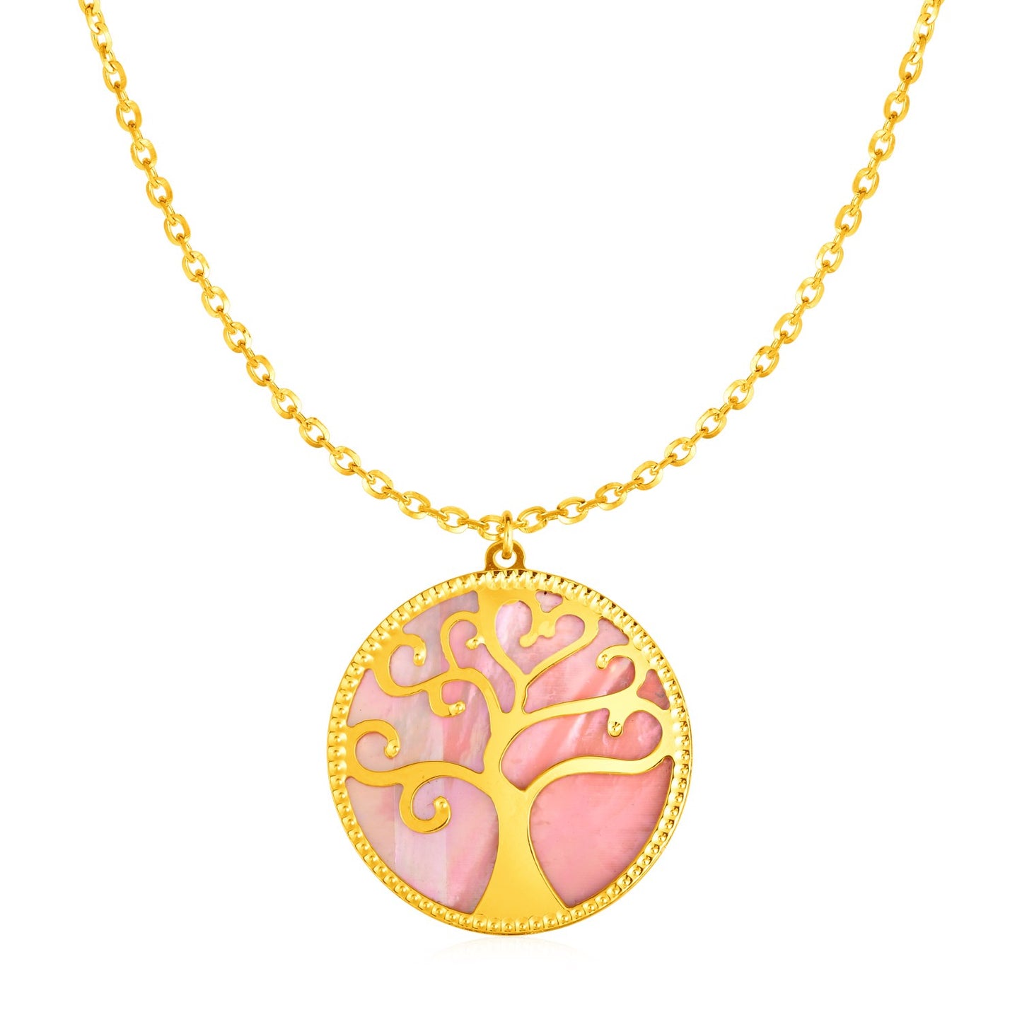 14k Yellow Gold and Mother of Pearl Tree of Life Necklace