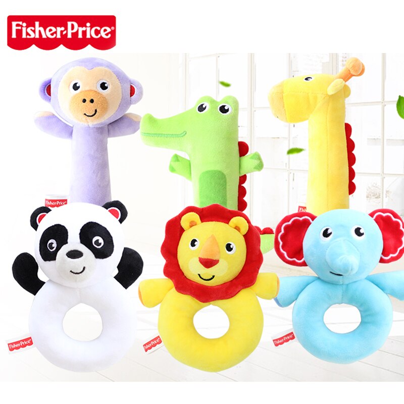 Original Mattel Fisher-Price Comfort Baby Toys Biting Hand Shake Animals Plush Rattles Toy for Babies Kids Sleep Soothing Rings