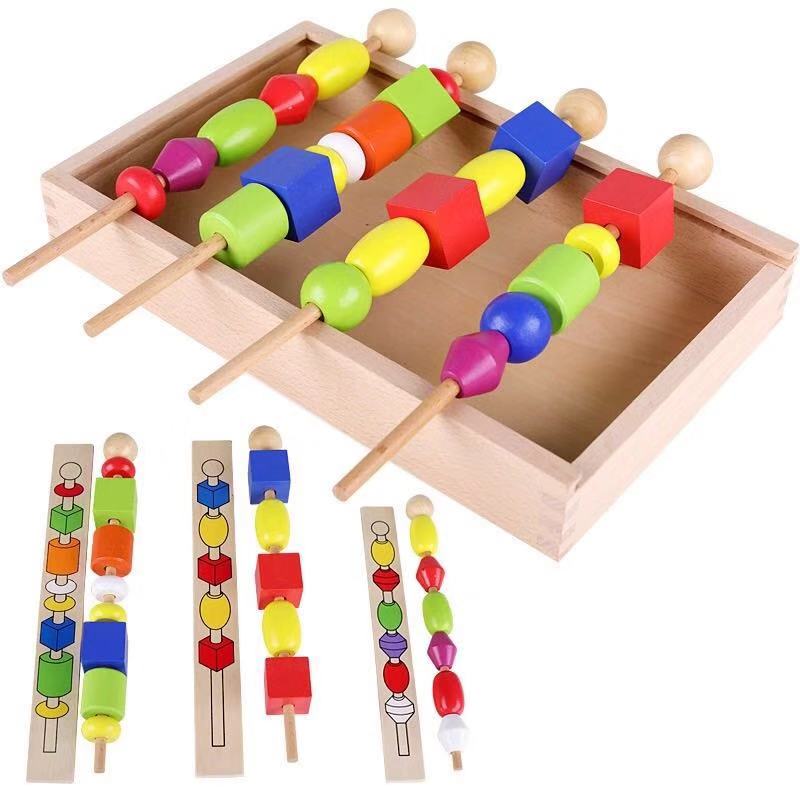 Kids Montessori Toys Colorful Wood Blocks Beading Games for Infant Learning Shape Color Cognitive Gifts Boys Girls Bead Stick