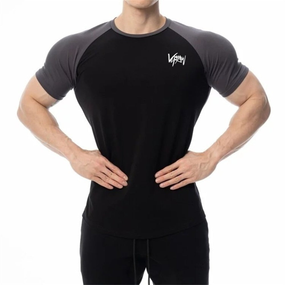 Men Cotton Patchwork T-shirt Summer Gym Fitness Bodybuilding Skinny Short sleeve Shirts Male Casual Training Tees Tops Clothing