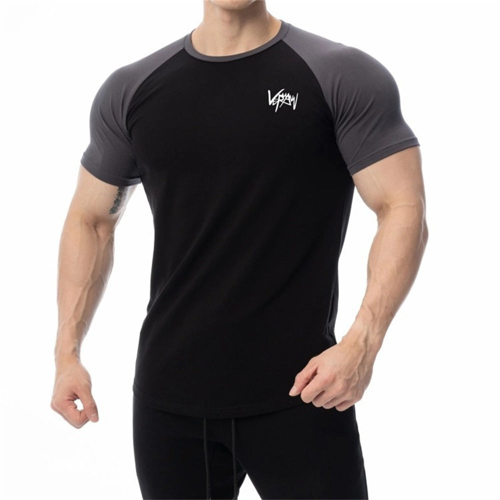 Men Cotton Patchwork T-shirt Summer Gym Fitness Bodybuilding Skinny Short sleeve Shirts Male Casual Training Tees Tops Clothing