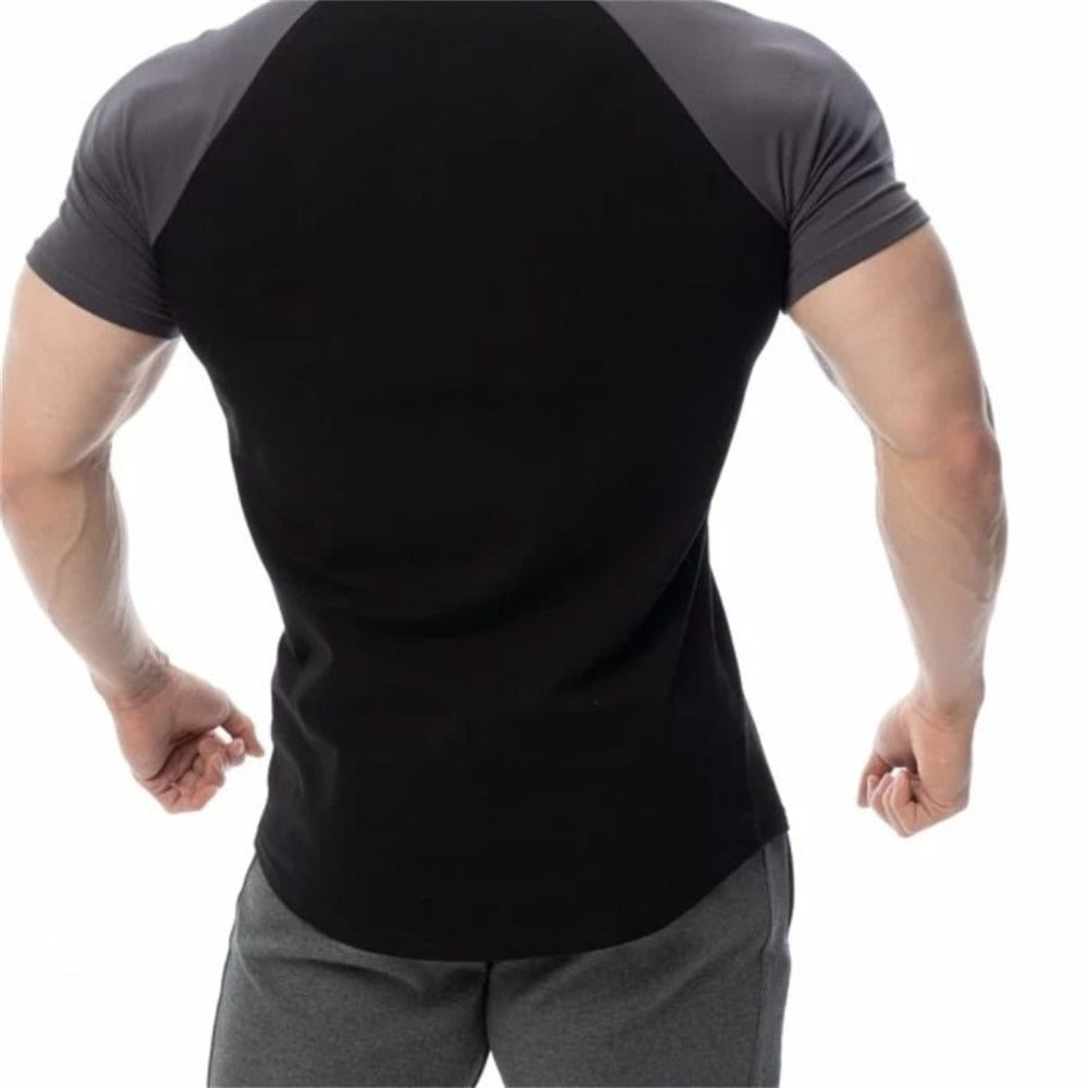 Men Cotton Patchwork T-shirt Summer Gym Fitness Bodybuilding Skinny Short sleeve Shirts Male Casual Training Tees Tops Clothing