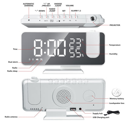 FM Radio LED Digital Smart Alarm Clock Watch Table Electronic Desktop Clocks USB Wake Up Clock with 180° Time Projector Snooze.